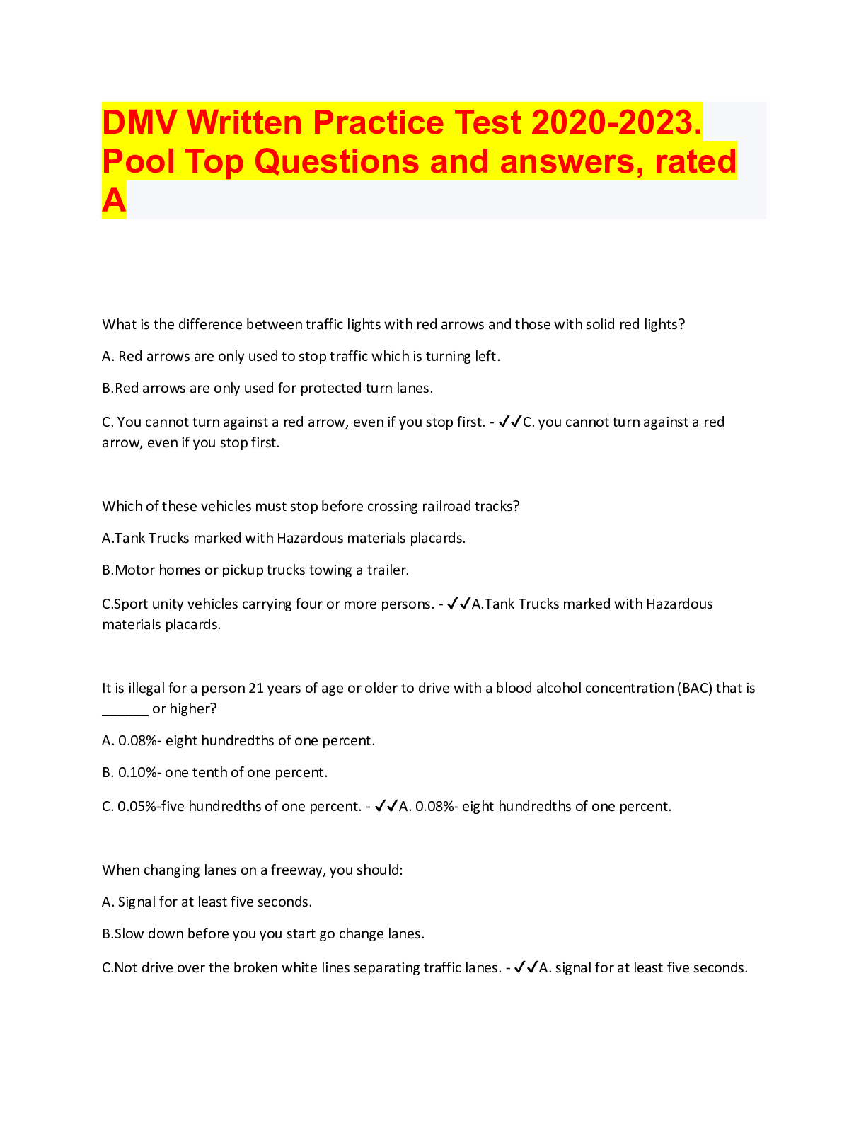 Preview of DMV Written Practice Test 2020-2023.  Pool Top Questions and answers, rated  A
